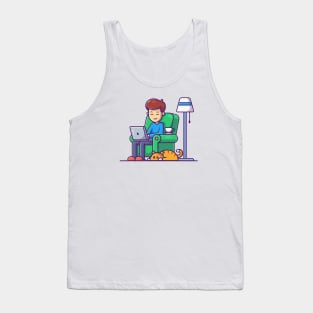 Male working on computer with cat cartoon Tank Top